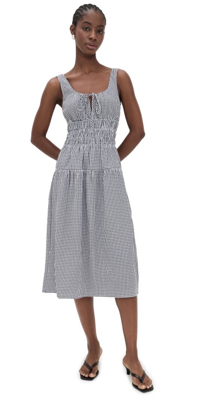 WAYF Nina Smocked Midi Dress Black Seersucker