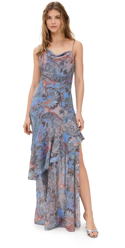 L'AGENCE Viola Asymmetrical Cowl Neck Gown Periwinkle French Paisley