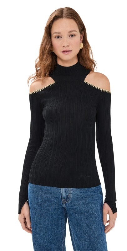 GANNI Light Viscose Rib Open Shoulder Blouse Black