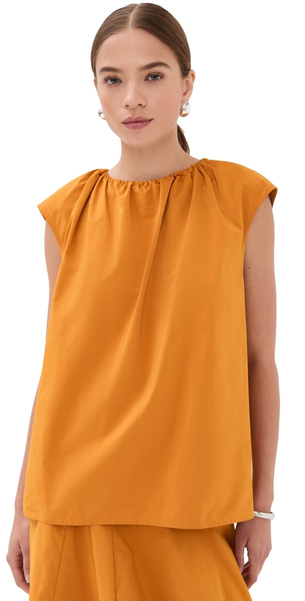 Tibi Nylon Shirred Neck Top Bright Ochre