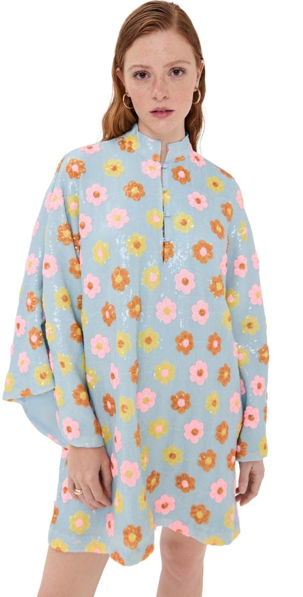 La Vie Style House Floral Sequin Mini Caftan Blue Mult