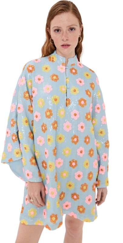 La Vie Style House Floral Sequin Mini Caftan Blue Mult