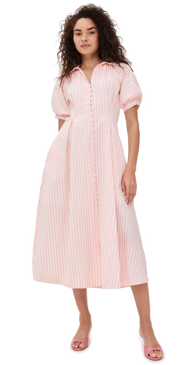 English Factory Seersucker Striped Midi Dress Pink