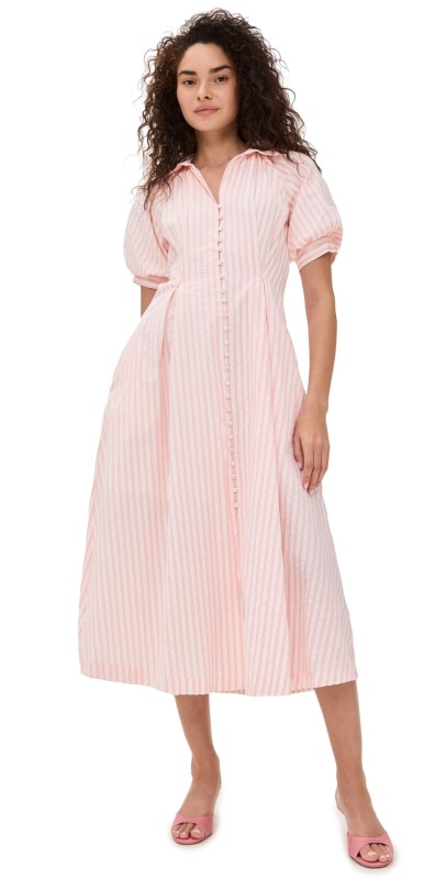 English Factory Seersucker Striped Midi Dress Pink