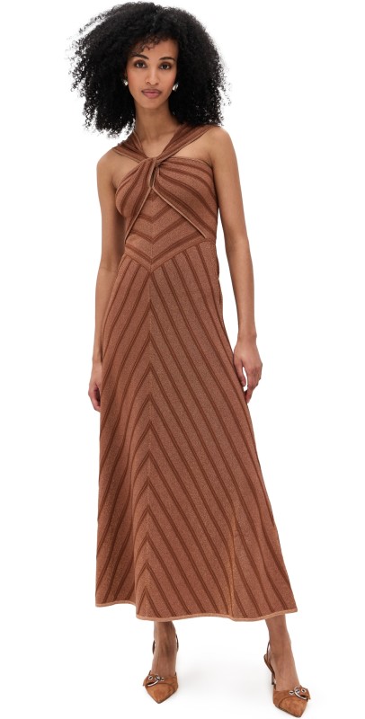 Zimmermann Illuminate Halter Dress Metallic Bronze Stripe