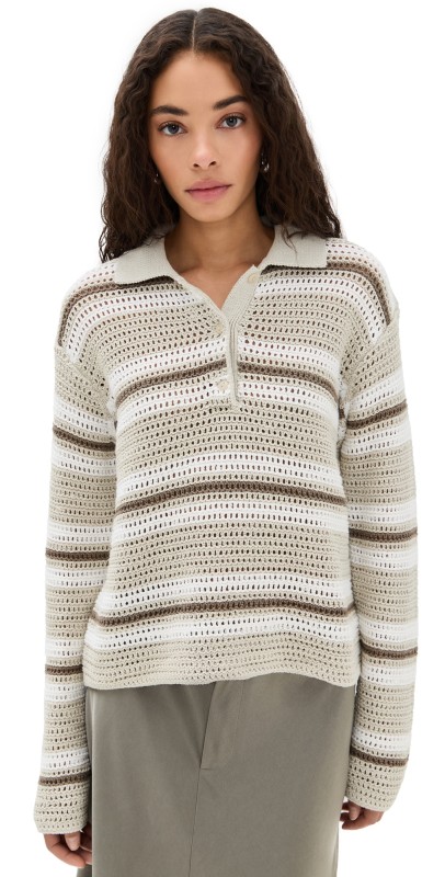 Vince Mesh Stripe Button Polo White Stone Combo