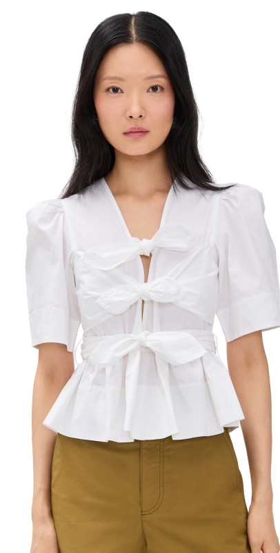 GANNI Washed Stretch Cotton Tie Strap Blouse Bright White