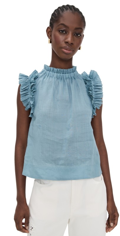 Sea Anise Solid Flutter Sleeve Top Blue