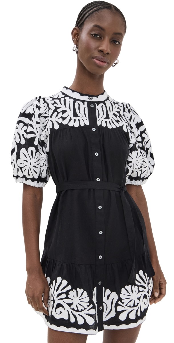 Sea Agathe Applique Puff Sleeve Mini Dress Black