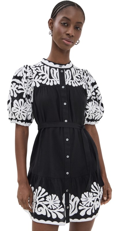 Sea Agathe Applique Puff Sleeve Mini Dress Black