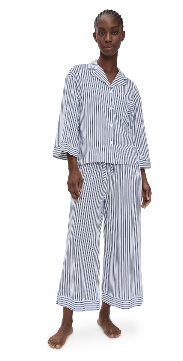 Petite Plume Luxe Pima French Ticking Wide Leg Pajama Set Navy