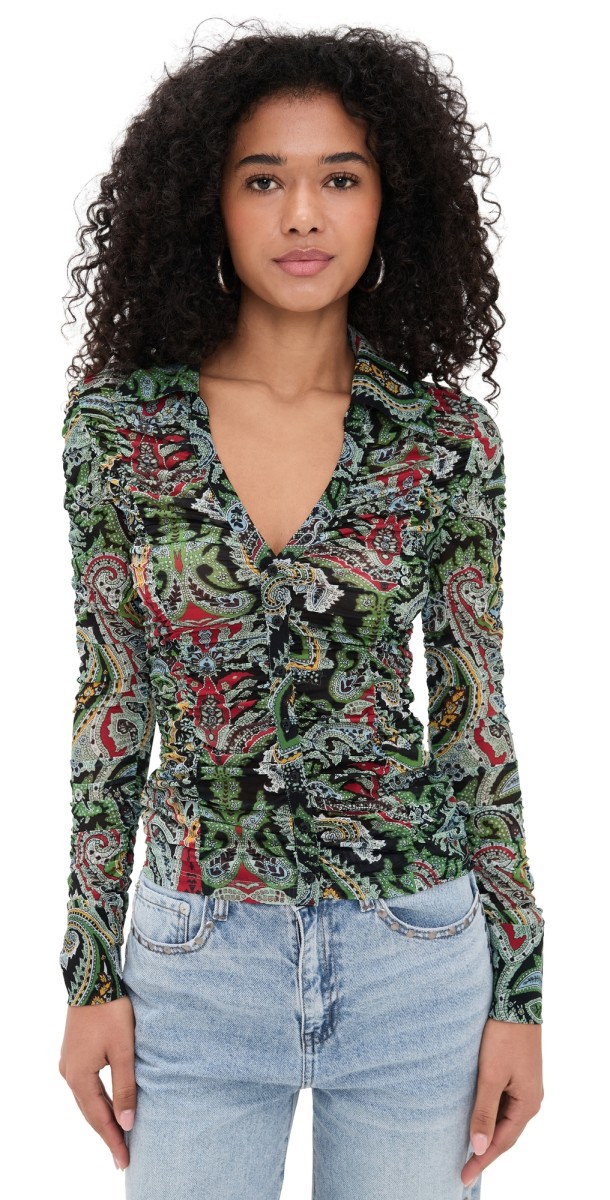 alice + olivia Portia Ruched Mesh Button Down Paisley Poem