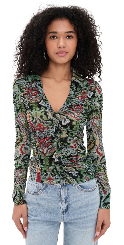 alice + olivia Portia Ruched Mesh Button Down Paisley Poem