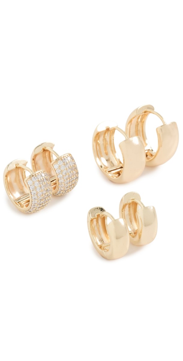 By Adina Eden Solid/Pave Wide Huggie Earrings Combo Set Gold