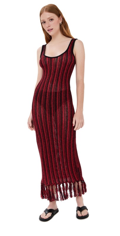 The Elder Statesman Stripe Scoopneck Fringe Dress Black/Tomato