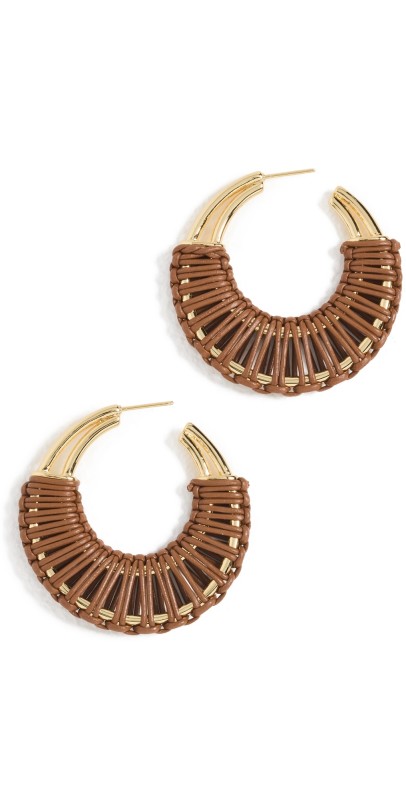 Kenneth Jay Lane Leather Wrapped Hoop Earrings Gold/Brow