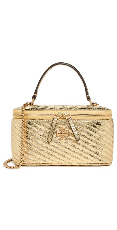 Tory Burch Kira Metallic Moto Quilt Vanity Case Gold Rush