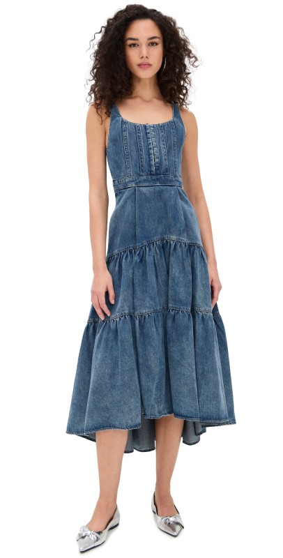 alice + olivia Diana Sleeveless Structured Denim Midi Dress Liana Vintage Blue