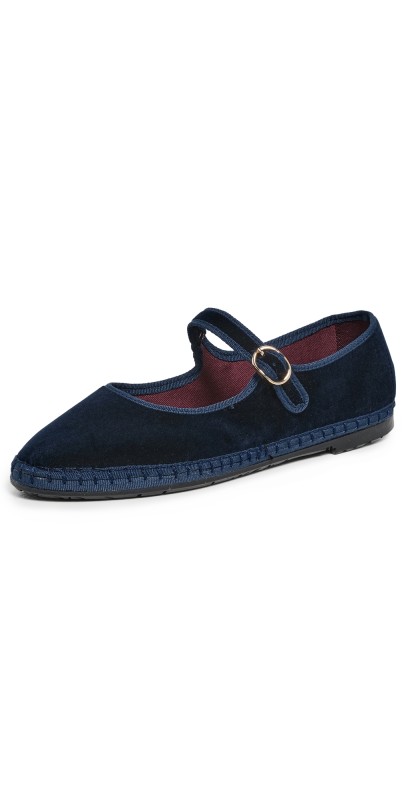 Flabelus Velvet Mary Jane Flats Dark Blue