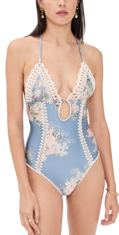 Zimmermann Cascadian Keyhole Crochet One Piece Tea Blue Botanical Floral