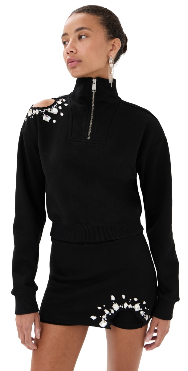 AREA Crystal Cluster Cutout Quarter Zip Sweatshirt Black