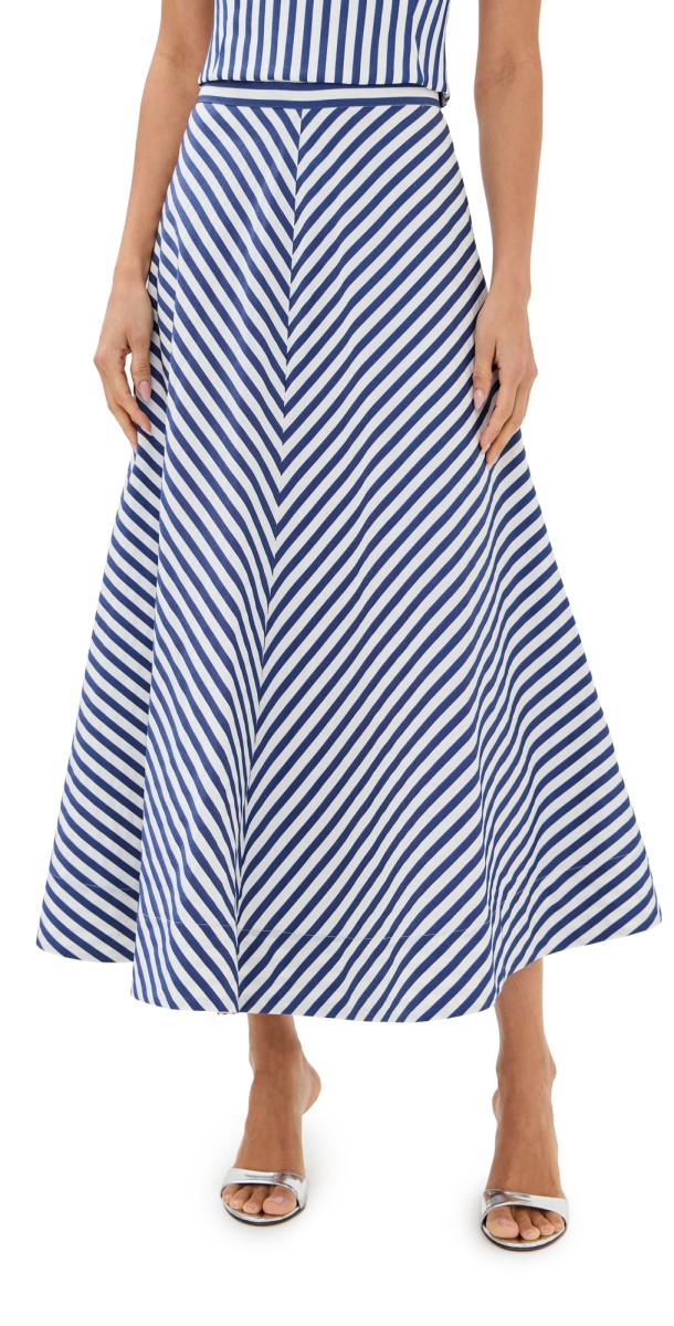 Rosie Assoulin Quartered A-Line Skirt in Awning Stripe Blue Stripe