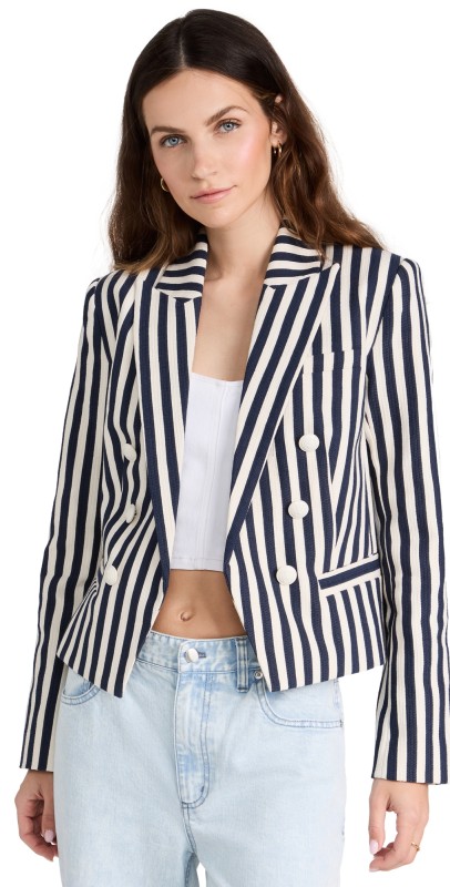 L'AGENCE Brooke Double Breasted Crop Blazer Navy/Ecru Stripe