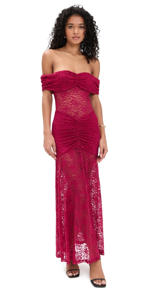 Runaway the Label Vaneya Off Shoulder Lace Maxi Dress Berry