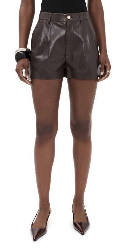 alice + olivia Conry Faux Leather Pleated Shorts Dark Chocolate