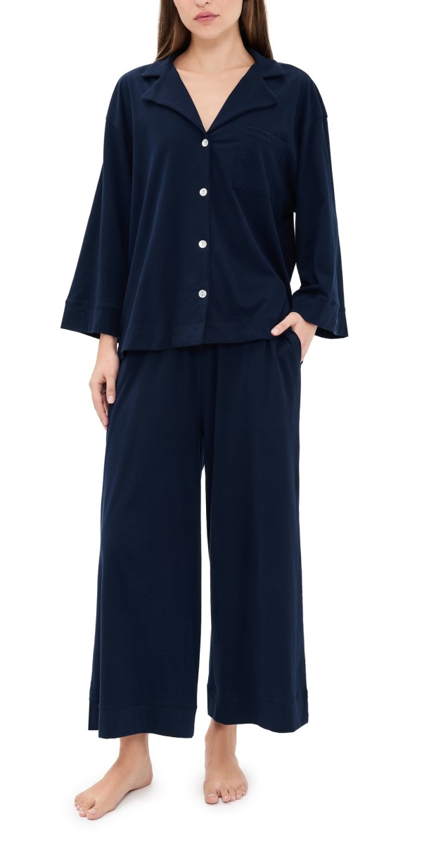 Petite Plume Pima Cotton Navy Wide Leg Pajama Set Navy