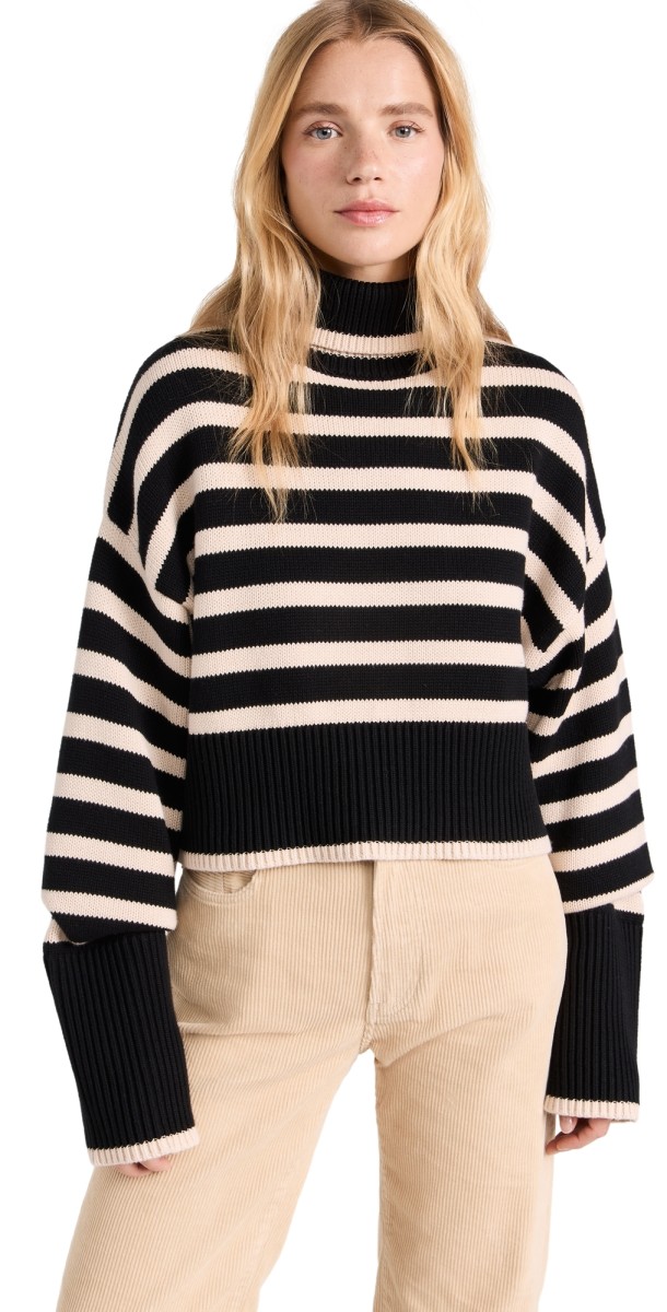 Denimist Cropped Sailor Stripe Turtleneck Sweater Black W/ Tan Stripe