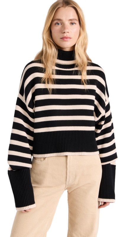 Denimist Cropped Sailor Stripe Turtleneck Sweater Black W/ Tan Stripe