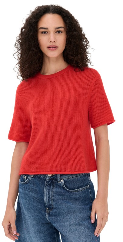 White + Warren Cashmere Waffle Mesh Tee French Red
