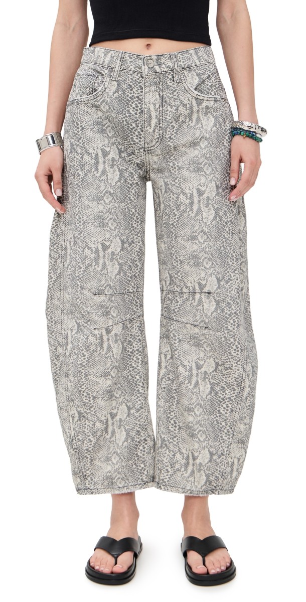 Free People Good Luck Printed Barrel Jeans Snake Combo
