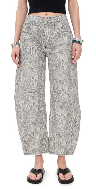 Free People Good Luck Printed Barrel Jeans Snake Combo
