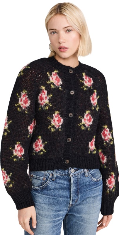 THE GREAT. The Carousel Cardigan Black Heirloom Rose