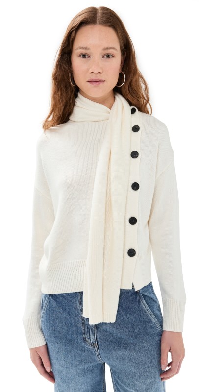 Pixie Market Neck Scarf Asymmetric Button Sweater Ivory