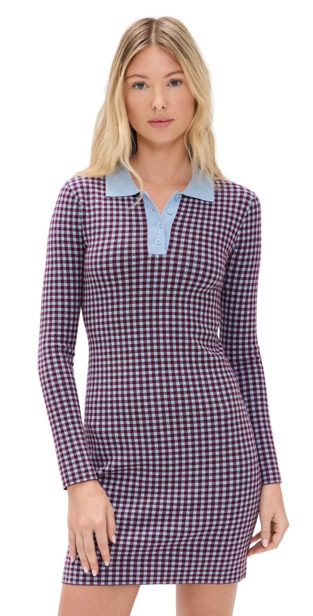 LE BOP Gingham Knit Polo Dress Burgundy/Light Blue
