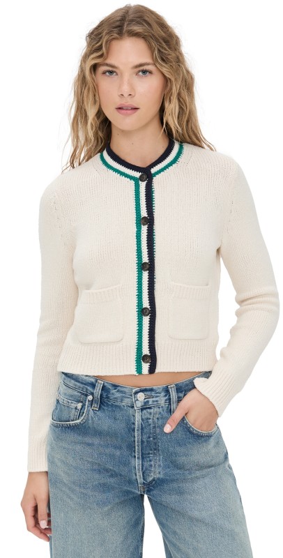 White + Warren Lofty Cotton Crochet Trim Cardigan Ivory/Navy/Teal