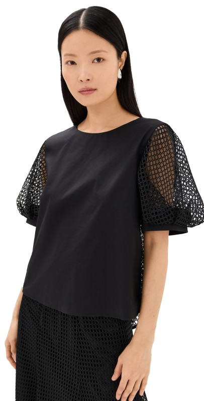 MEIMEIJ Netted Half Sleeve Top with Poplin Front Nero