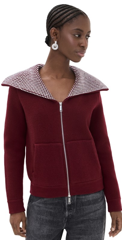 Self Portrait Burgundy Diamante Collar Knit Jacket Burgundy