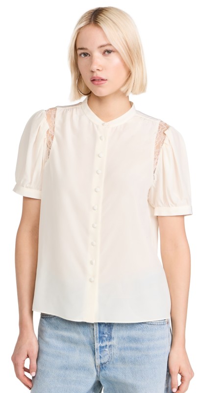 FRAME Lace Shoulder Inset Blouse Cream