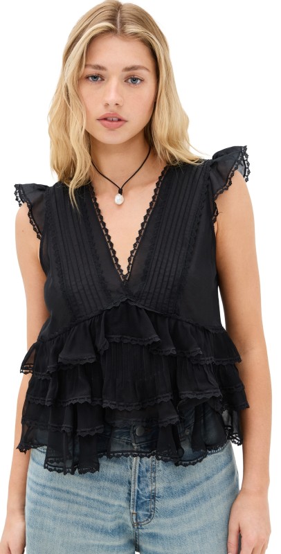 alice + olivia Blanche V Neck Ruffle Swing Top Black