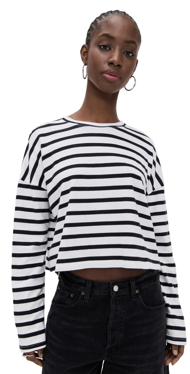ASKK NY Cropped Long Sleeve Tee Stripe White Thin Stripe