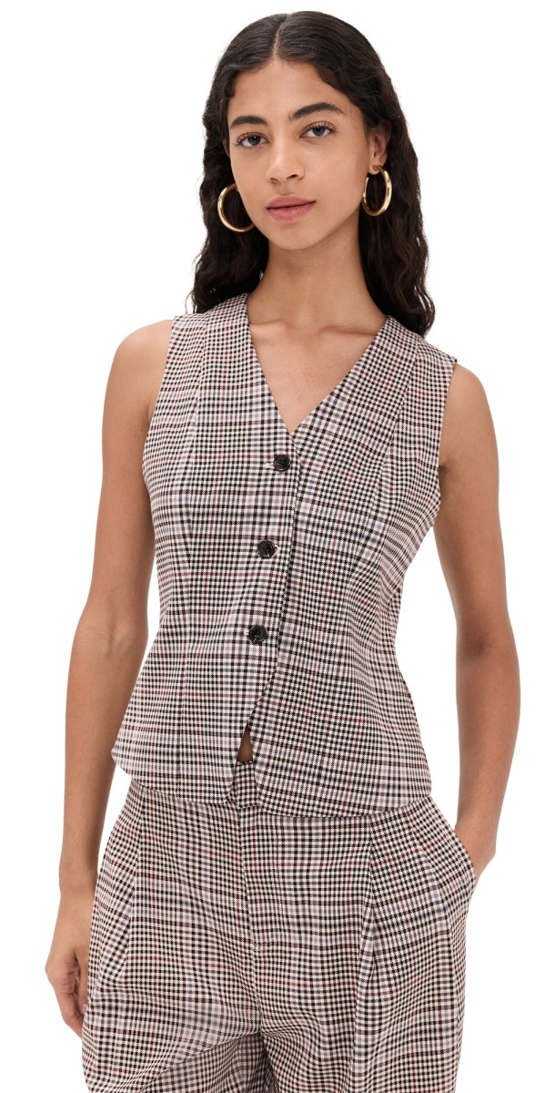 LE BOP Jacey Neck Vest Tan Plaid