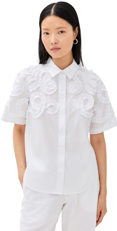MEIMEIJ Short Sleeve Button Down with Ruffle Details Off White