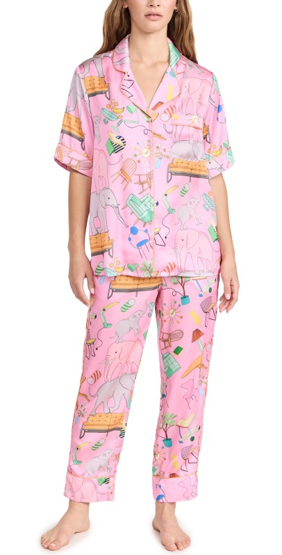 Karen Mabon Elephant in the Room Short Sleeve, Long Trousers PJ Set Pink