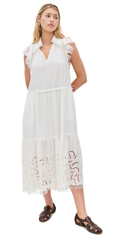 Sea Marja Embroidery Flutter Sleeve Dress Pearl