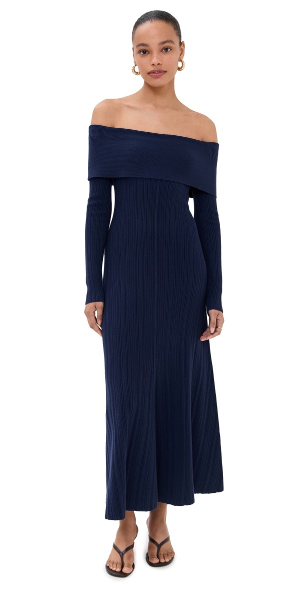 LE BOP Off Shoulder Midi Dress Cherry
