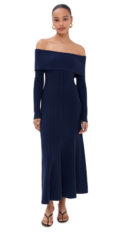 LE BOP Off Shoulder Midi Dress Cherry